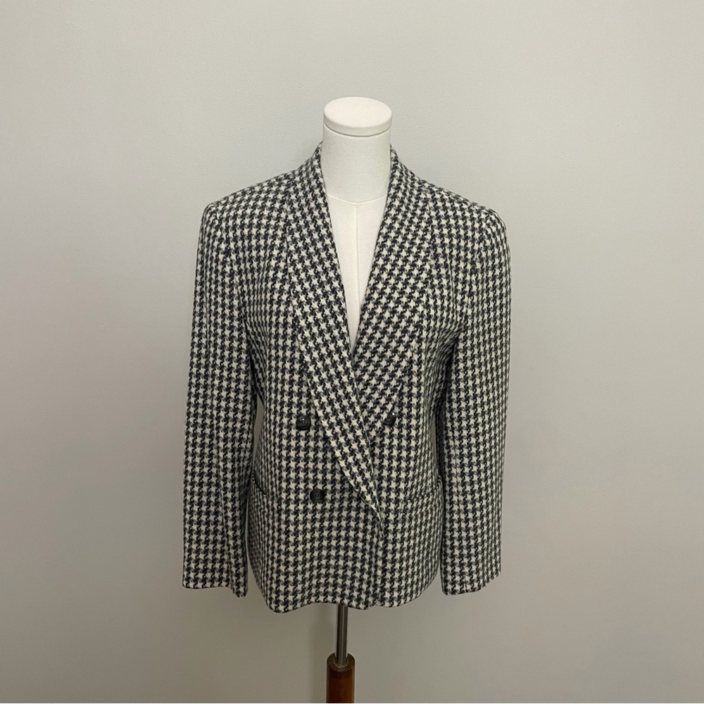 Pendleton Blazer Jacket Wool Houndtooth Double Breasted Shawl Lined Black Ivory